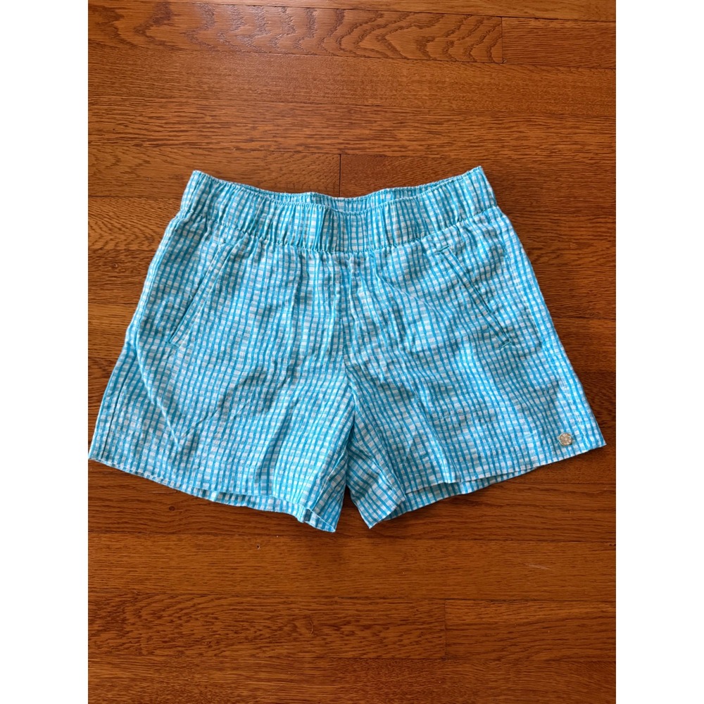 Lilly Pulitzer‎ Womens XXS Blue Gingham 100% Linen Pull On Shorts Elastic Waist